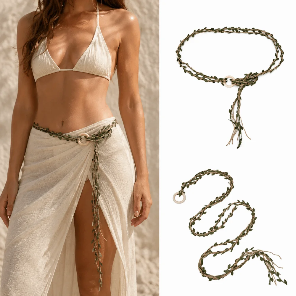 Wooden Ring Buckle Rattan Leaf Belt Boho Style Faux Leaf Linen Rope Belt Cottagecore Handmade Braided Waist Belt For Sundress