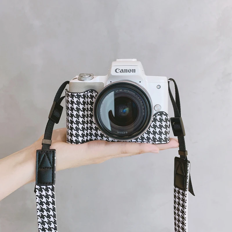 حافظة كاميرا لكاميرا Canon M50 PU قاعدة كاميرا جلدية نصف حافظة مع حزام كتف حقيبة واقية للمعصم زر فتح 1/4 برغي