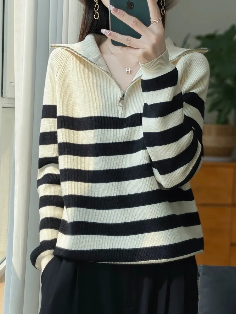 

Шикарный антивозрастной цветной полосатый длинный вязаный свитер на молнии, женский винтажный универсальный топ с воротником