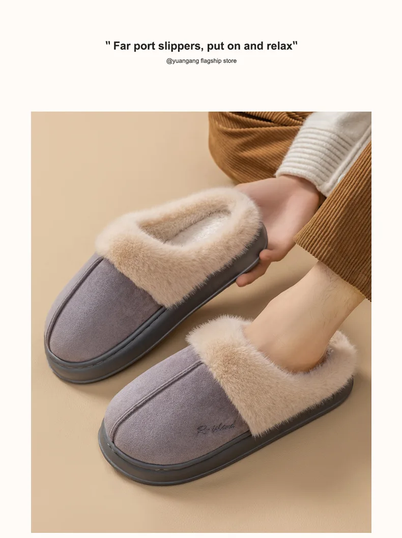Shevalues Winter-Hausschuhe mit Plüschfutter für Damen, dicke Sohle, rutschfest, für den Innenbereich, bequeme Hausschuhe mit Fellbesatz. – Detail 10