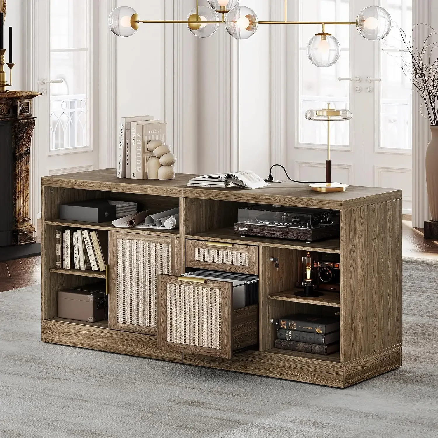 63'' File Cabinet with 2 Lockable Drawers, Fluted Wood Filing Cabinet for Home Office with AC/USB, Adjustable Storage Shelves, F