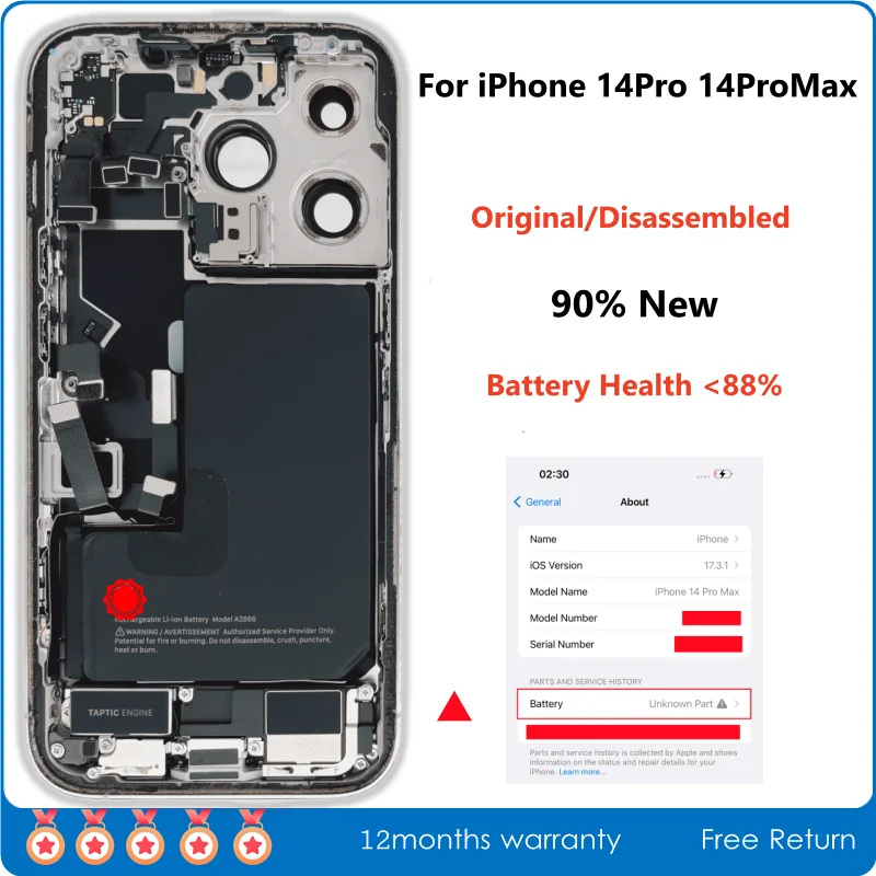 

90% New, Disassembled Middle Frame Housing Back Glass Cover For iPhone 14 Pro Max, with Battery NFC Wireless Assembly