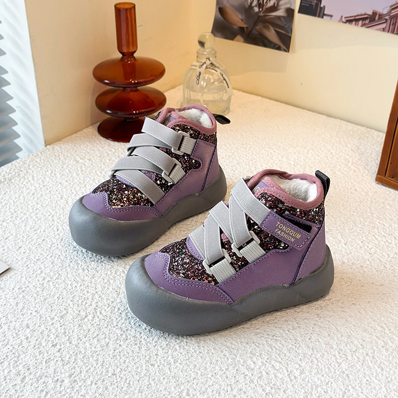 Children's Cotton Boots 3-18 Years Old Sequins Padded Thickened Boys Girls Cotton Shoes Purple Soft Non-slip Kids Snow Boots