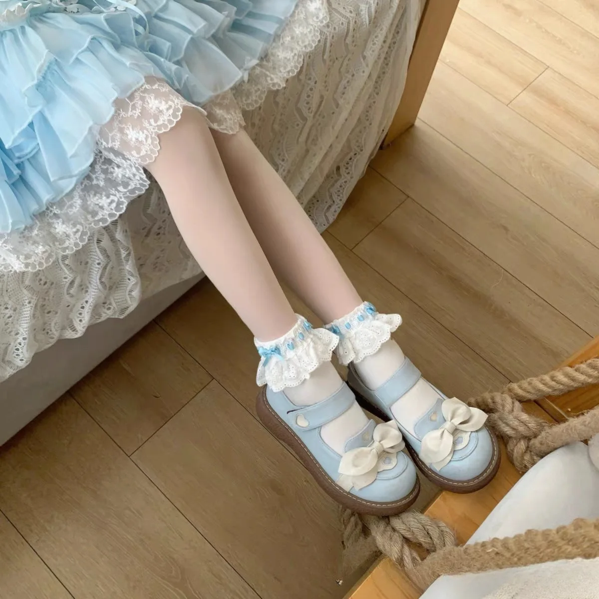 Women's Lolita Lace Ruffle Ankle Socks with Bow, Cute Soft Girl Frilly Socks for High Heels and Platform Shoes, Summer, 7 Colors