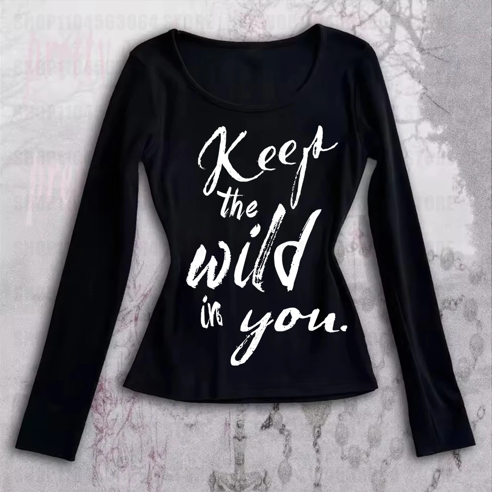 American minimalist daily style letter print women's autumn and winter slim fit round neck pullover long sleeved T-shirt