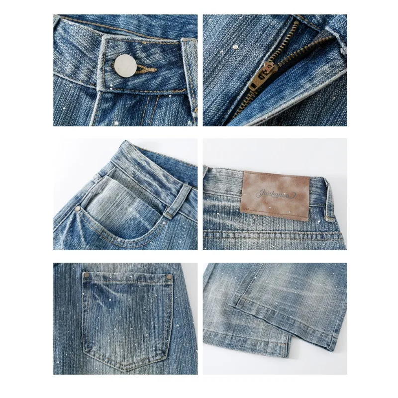 Women's Korean Style Loose Rhinestone Wide Leg Jeans 2026 Summer New Light Wash Casual Streetwear Denim Pants