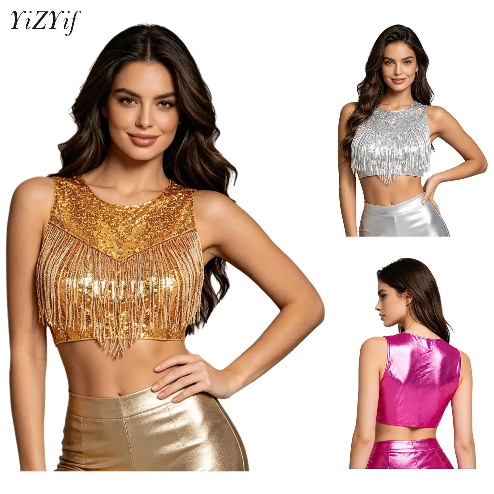 

Women Shiny Sequins Tassels Crop Tee Carnival Rave Performance Belly Jazz Disco Dance Costume Nightclub Tank Top for Rave Party