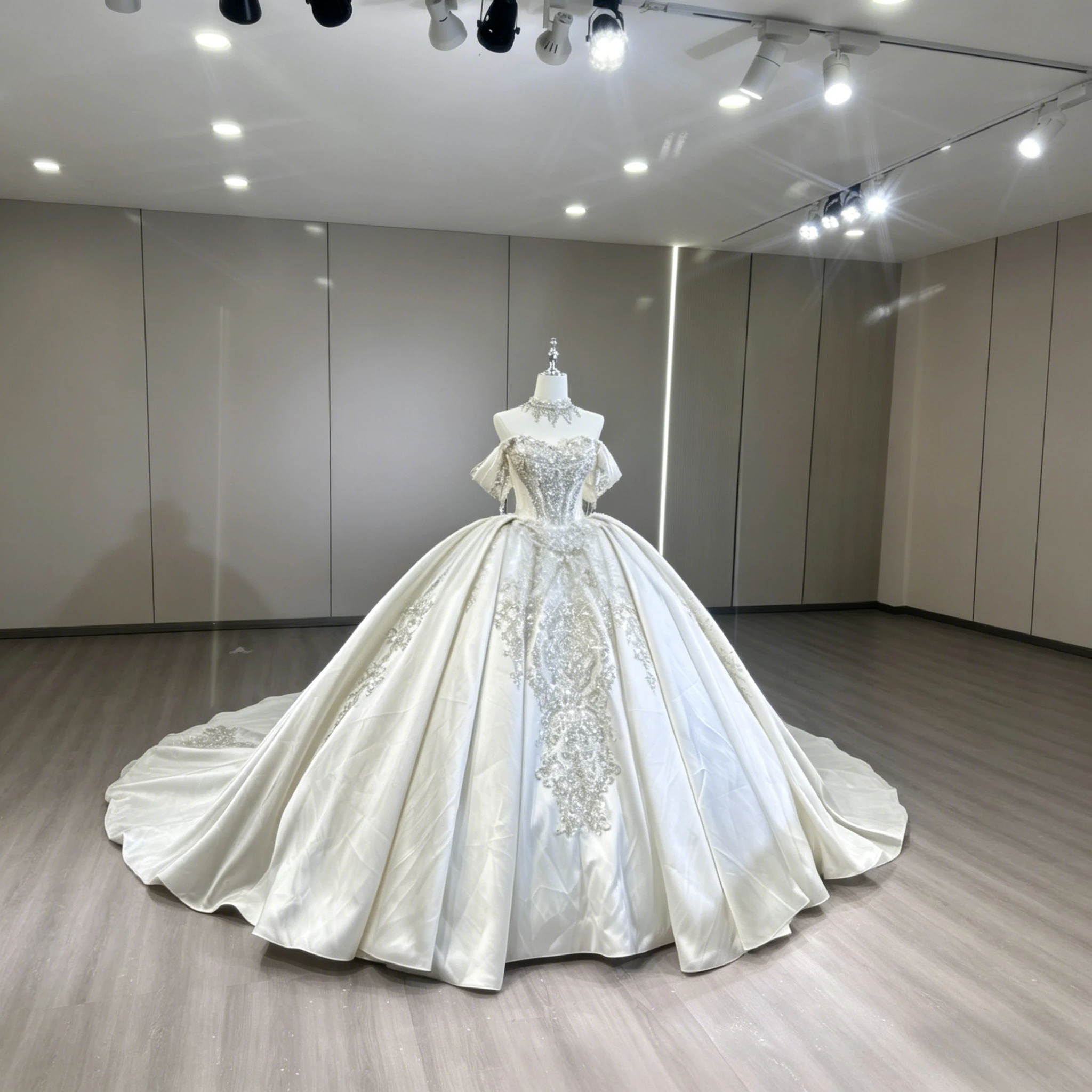 

Customized Luxury Off Shoulder Satin Ball Gown Wedding Dress High Neck Beaded Long Train Corset Bridal Gown Vestidos De Novia