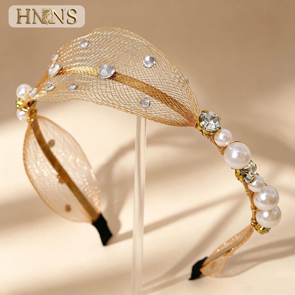 HNNNS Women Elegant Gold Net Leaf Hairband Sparkling Rhinestone Pearl Decor Hair Hoop Vintage Luxury Headwear For Formal YXA432