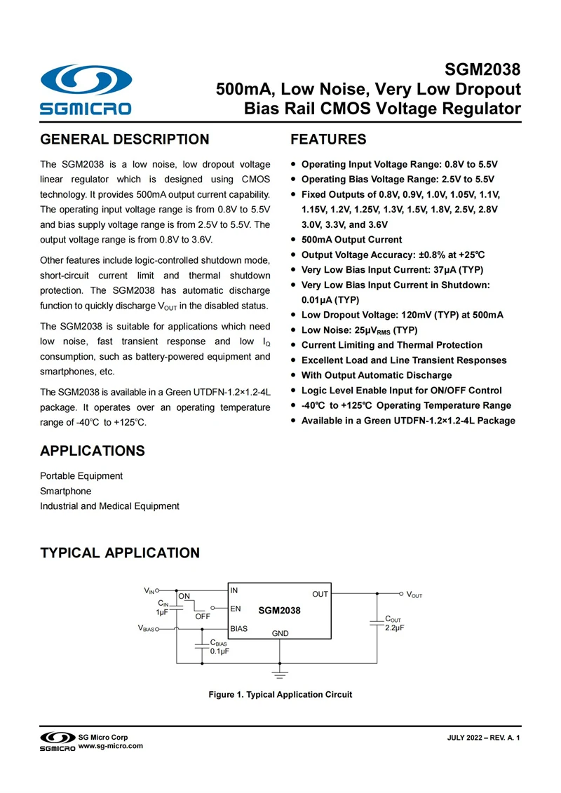 SGM2038-1.05XUDY4G/TR UTDFN-4,Fixed output voltage is 1.05V,500mA, Low Noise, Very Low Dropout Bias Rail CMOS Voltage Regulator