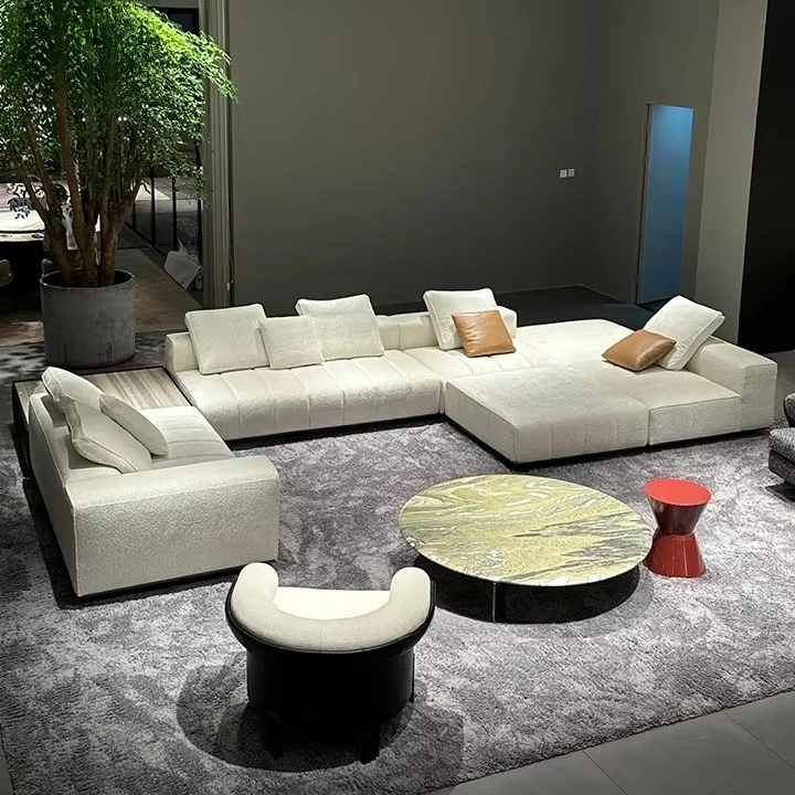 

Minimalist Modern Grey Real Leather Sectional Linen Fabric Villa 8 Seater Couch Sofa Set L Shaped Corner Sofa Couch