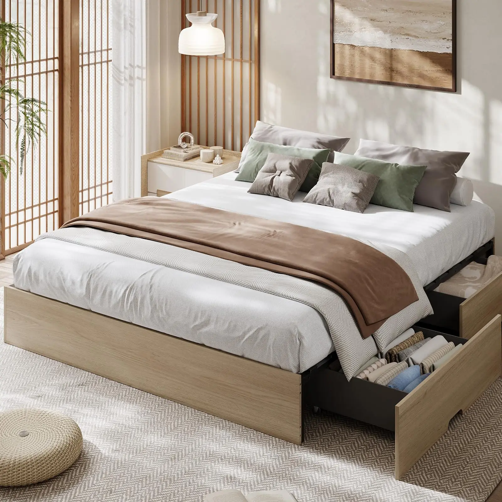California King wooden bed with 2 drawers - Platform bed without headboard - Slatted support - Easy to assemble - No base required - Ideal for a modern bedroom - California King size.