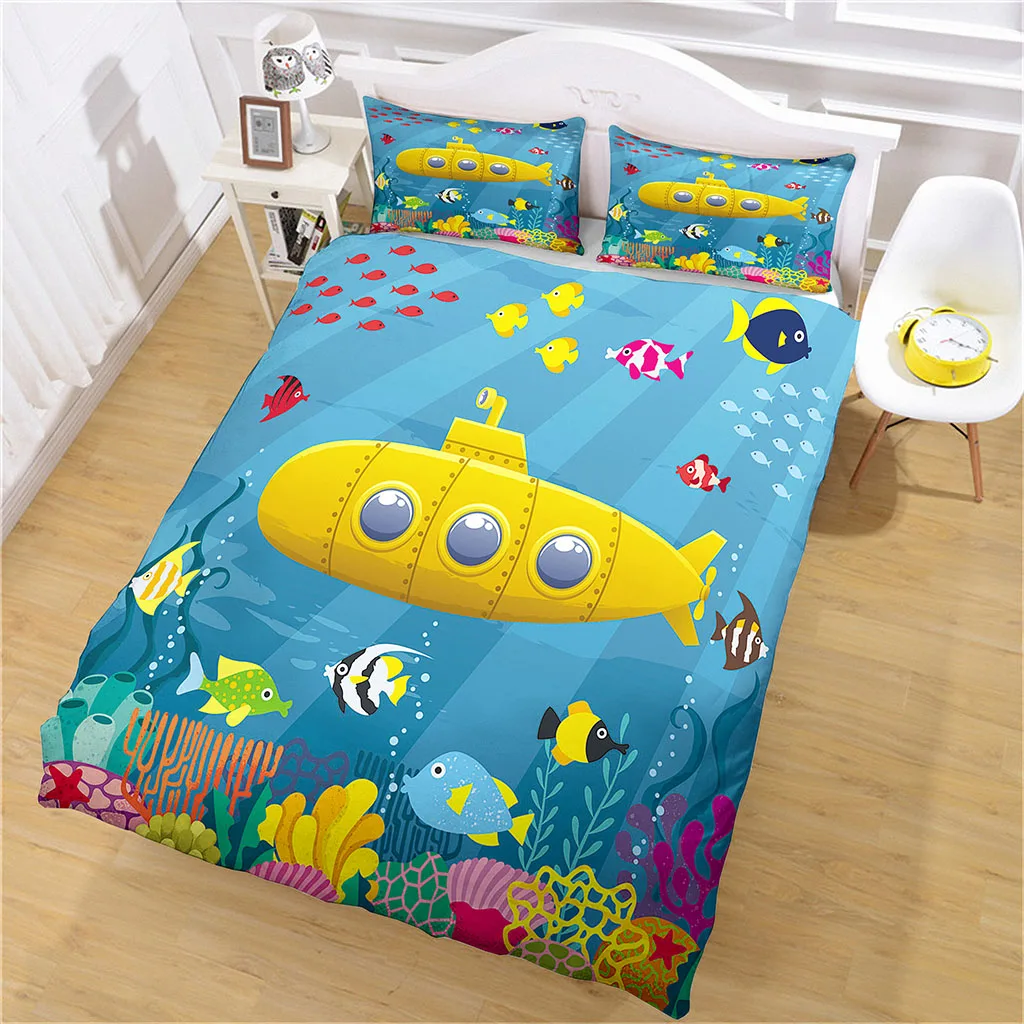 HUANZHUANG Queen Size Bed Boy Girl Comforter Cover Set Yellow Submarine Digital Printing Fashion Bedding Set Duvet Cover Set Bed