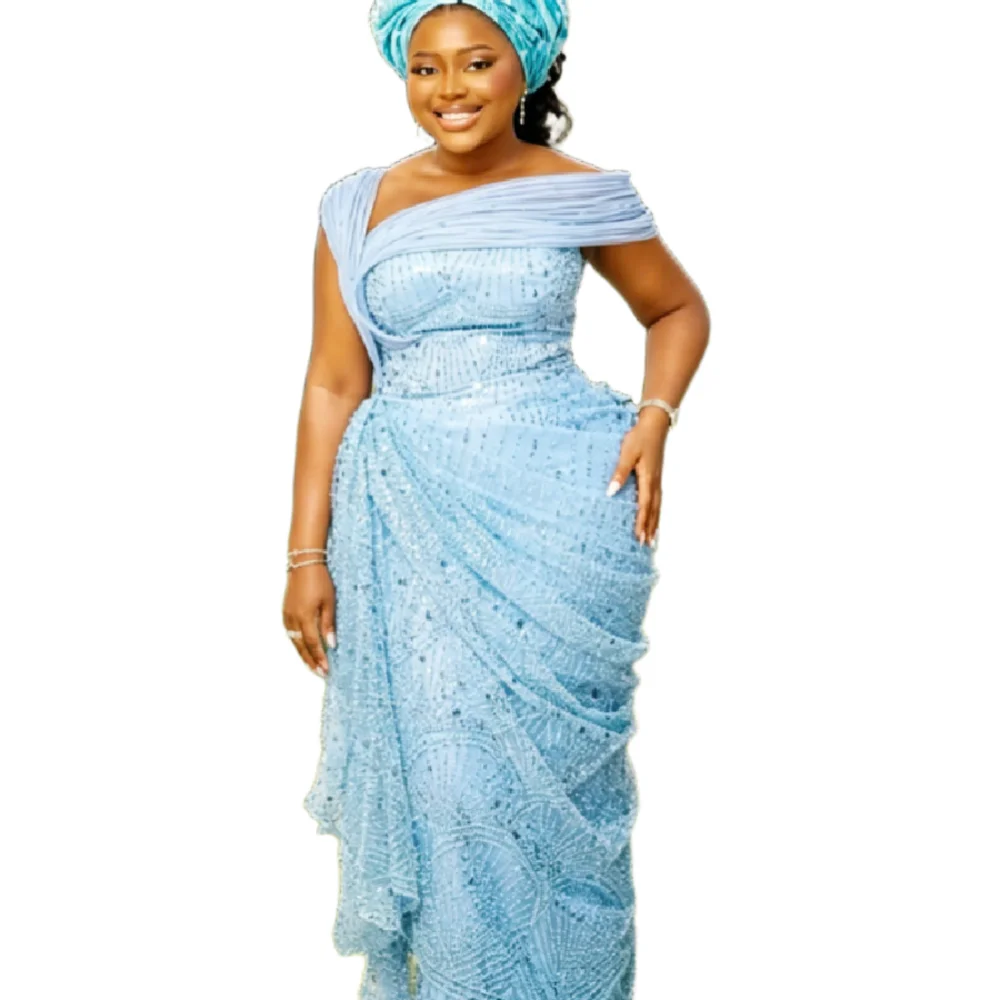 Sky Blue Aso Ebi Mermaid Prom Dress Draped Ruched Beaded Lace Nigerian Evening Gowns 2026 Luxury Reception Formal Party Birthday
