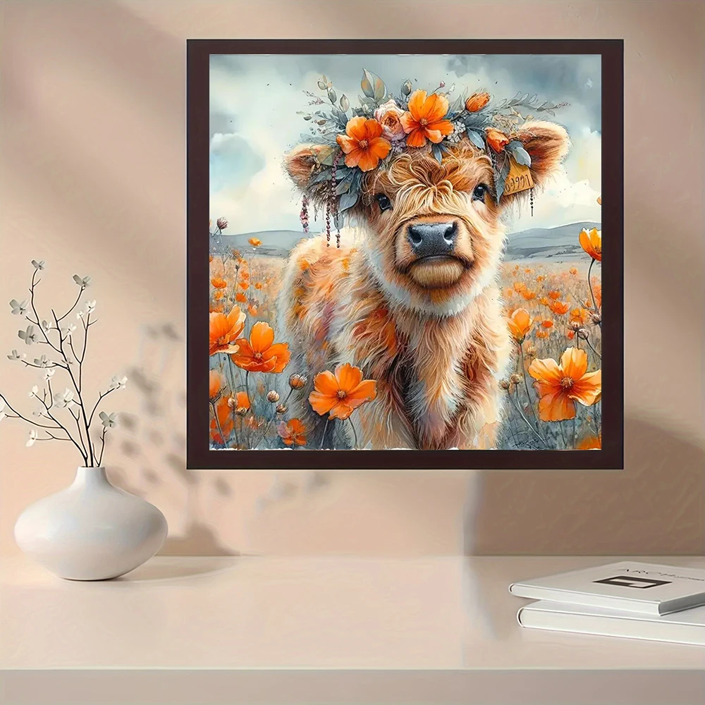 DIY diamond painting highland cow flower pattern home decoration full round diamond Mosaic handcrafted creative gift