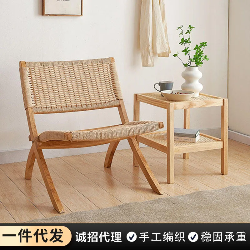 Japanese-style solid wood folding chair medieval balcony home leisure outdoor single lazy sofa woven back recliner