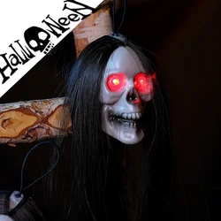 Halloween Hanging Ghost Skull with Long Hair Glowing Eyes Terror Skull Ghost House Head Skeleton Props 2024 Halloween Decoration