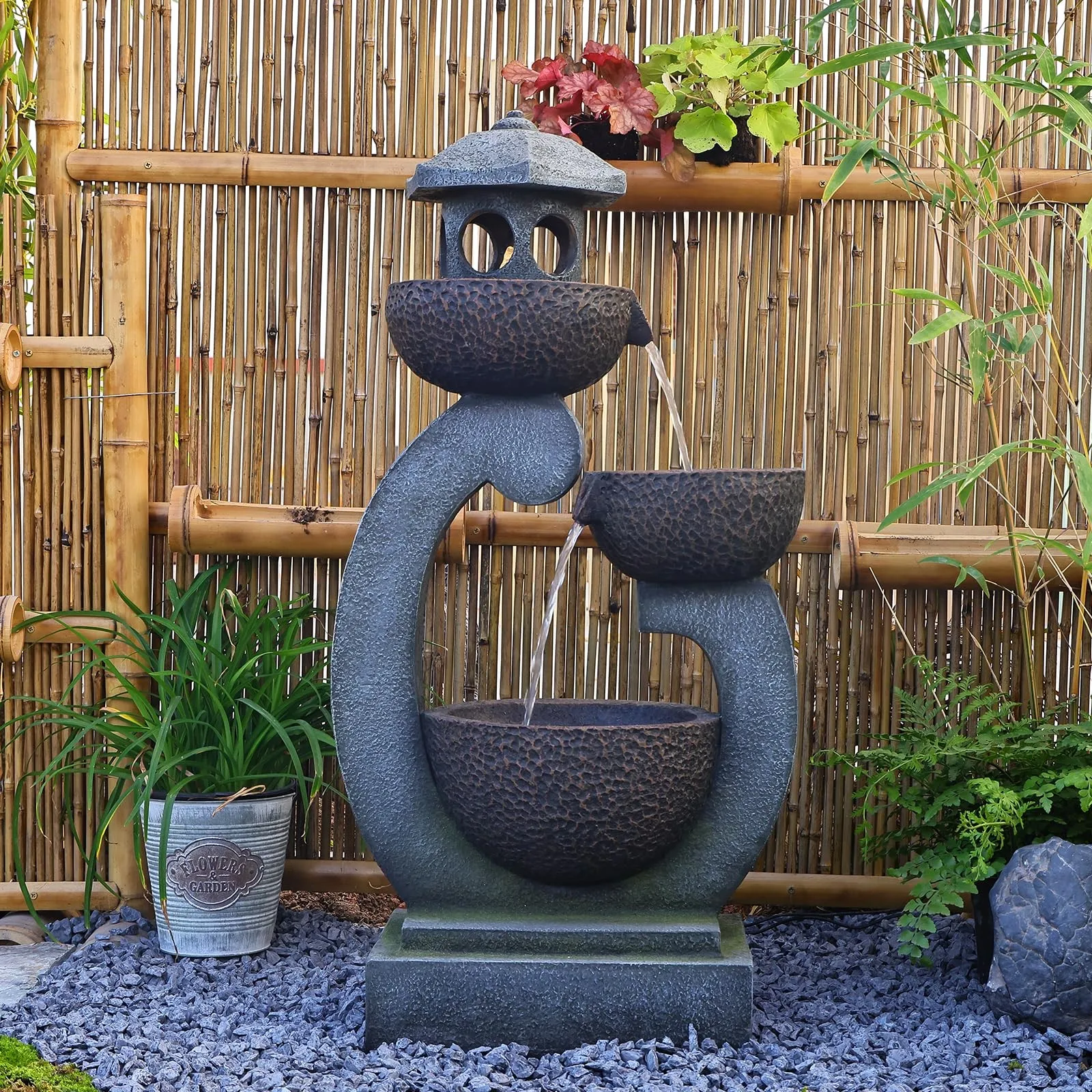 35.24”H Zen Outdoor Water Fountain Garden, Japanese Lantern Multi-Tier Waterfall Fountain Water Feature with Lights for