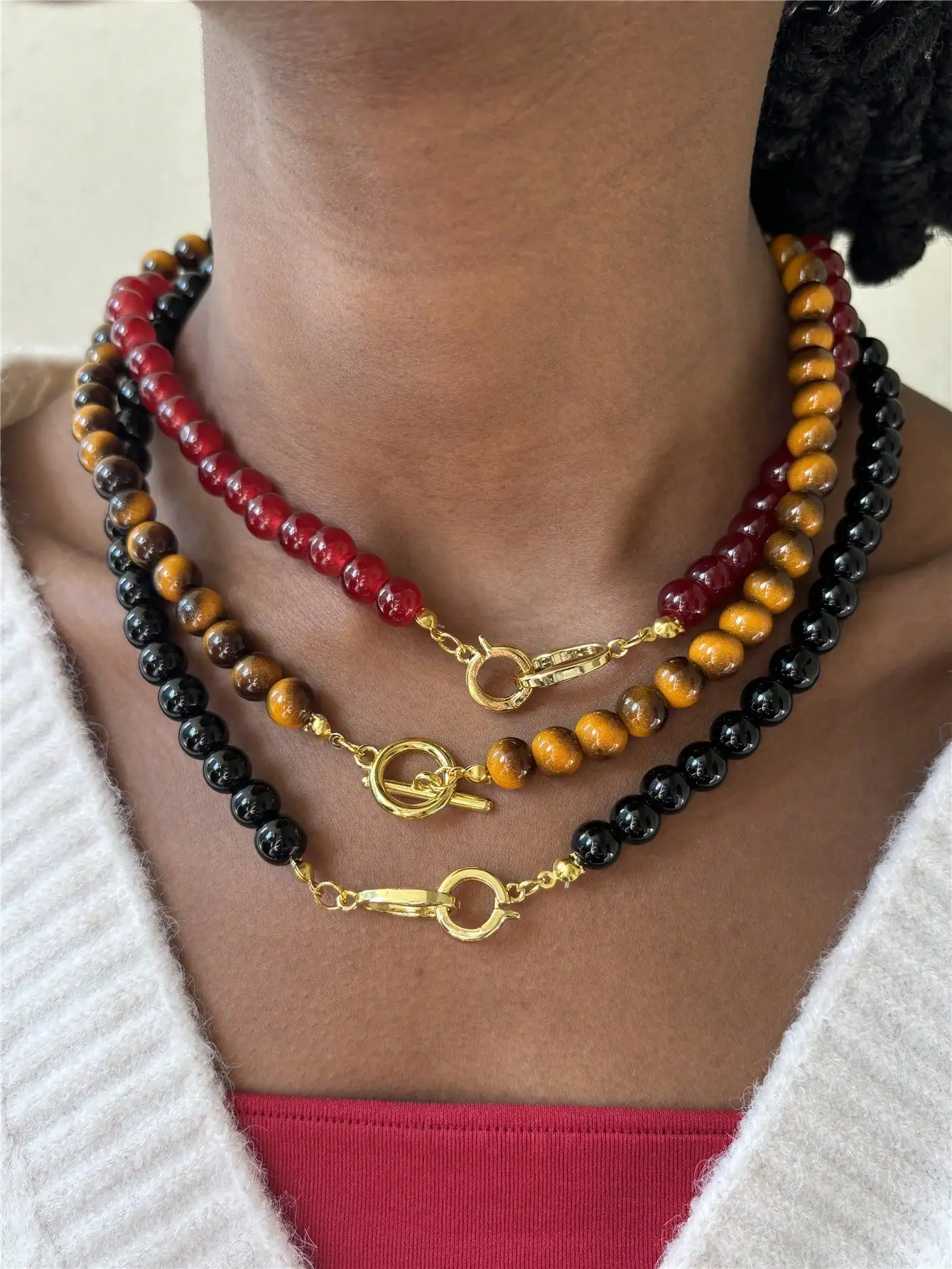 French Red Black Brown Beaded Necklace For Women Gold Color Chain Double Toggle Clasp Circle Chokers Party Accessories Gifts