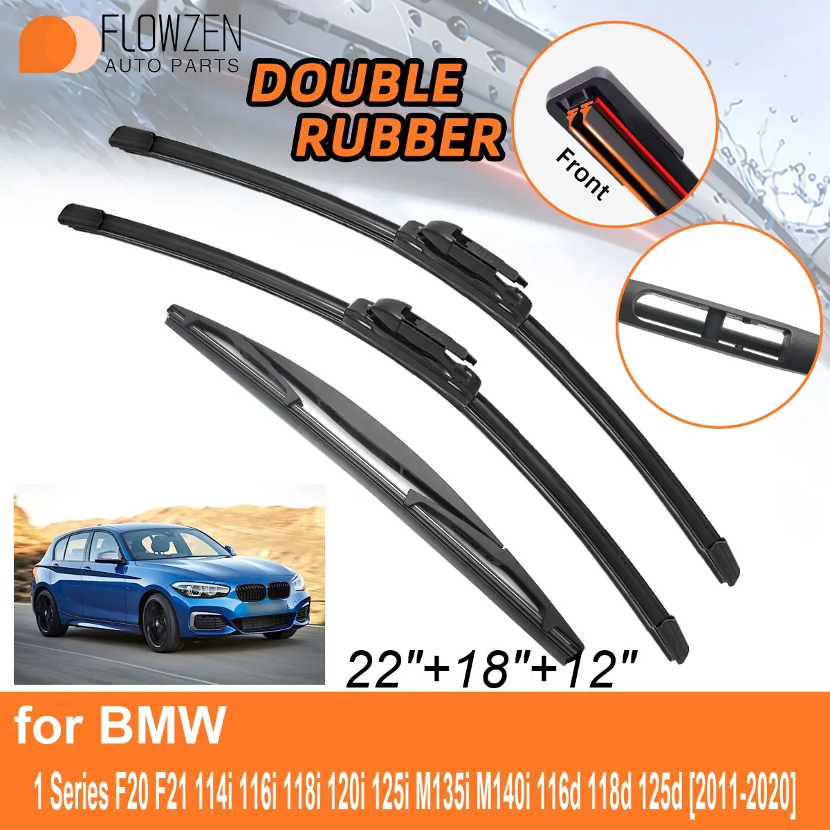 Double Rubber Car Wiper Blades for BMW 1 Series F20 F21 114i 116i 118i 120i  2011-2020 Rear Blades Accessories 2018 2019 2020