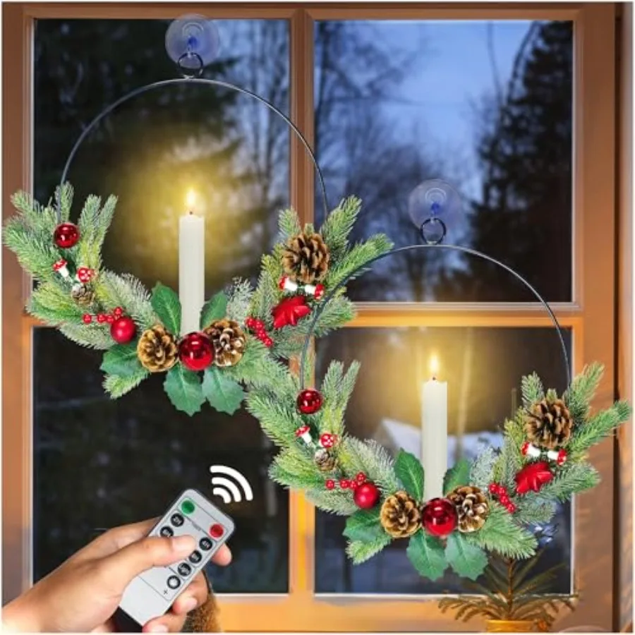 

2Pack Christmas Wreaths for Front Door with LED Taper Candles, 16-inch Window Wreath Christmas with Light and Remote, Battery O