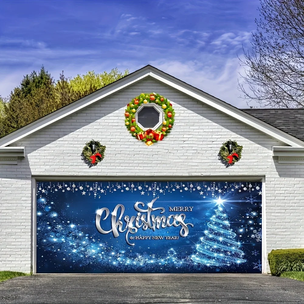 Christmas Decorated Banner Christmas Garage Door decorations, large blue Christmas Garage Door cover banner background