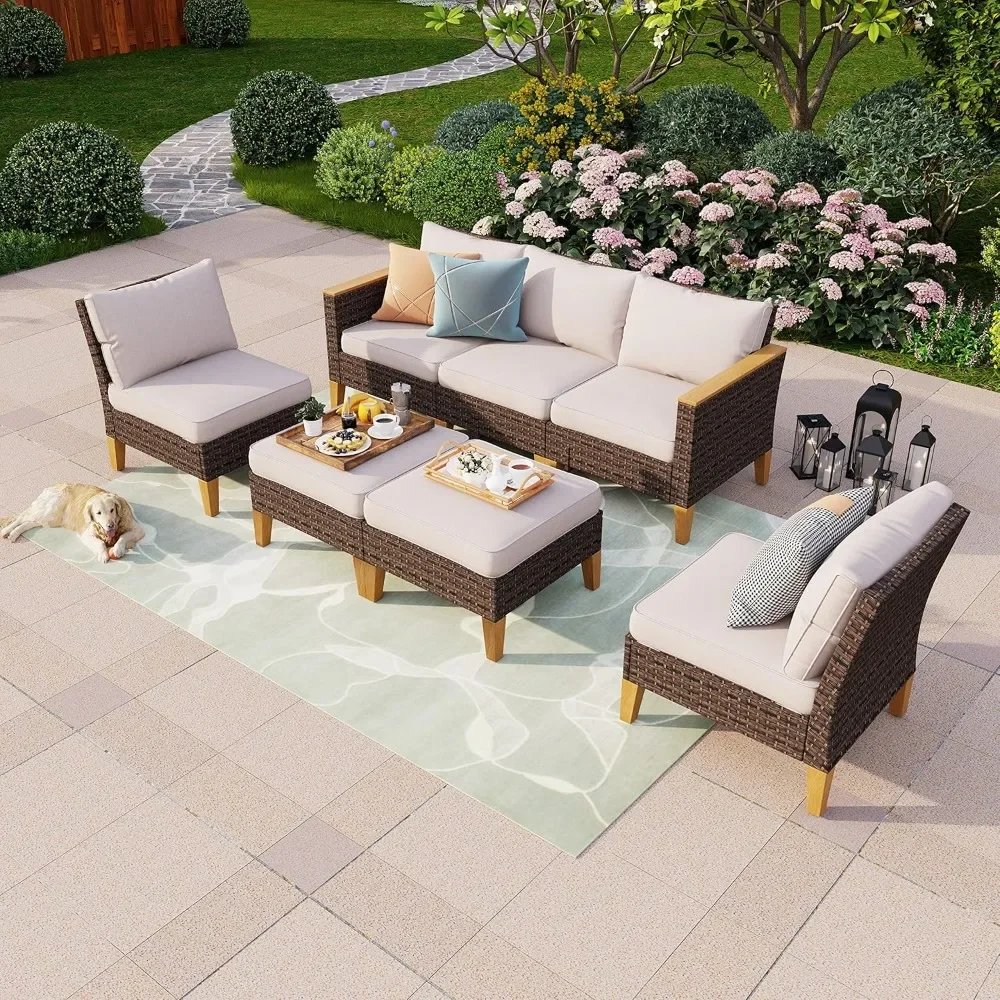 

7-piece Rattan Wicker Conversation Set, Modular Furniture, 7 Seat Cushions, 3 X Armchairs, 2 X Ottomans, 2 X Armless Sofas