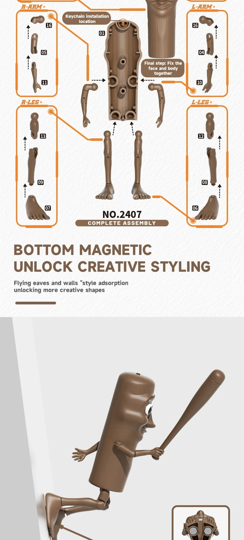 Stressabbauendes Modell Spielzeug Tung Tung Sahur Multi Joint Bewegliches handgemachtes Modell DIY Kreative lustige Animationsfigur Holzstab – Detail 12