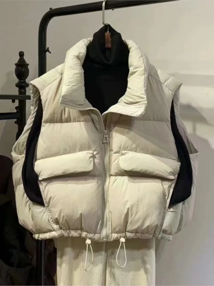 

Fashion Vest Coat Women Vintage Loose Pocket Sleeveless Stand Collar Jackets 2025 New Autumn Winter Casual Waistcoat Outerwear