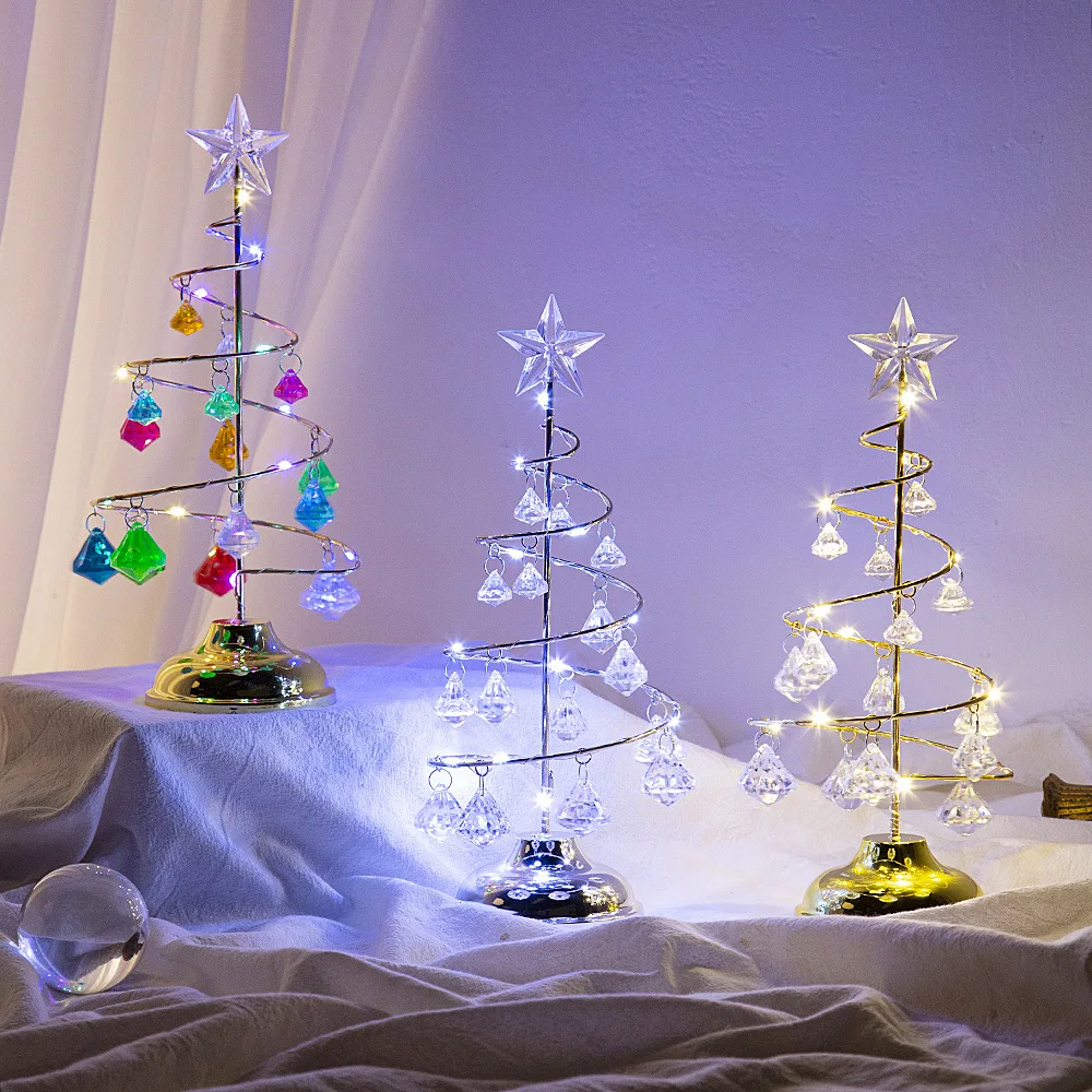 

D2 LED Christmas Tree Lamp Small Crystal Decorative Iron Tree Night Light Desk Ornament for Gift Golden Table Lamp Warm Lights