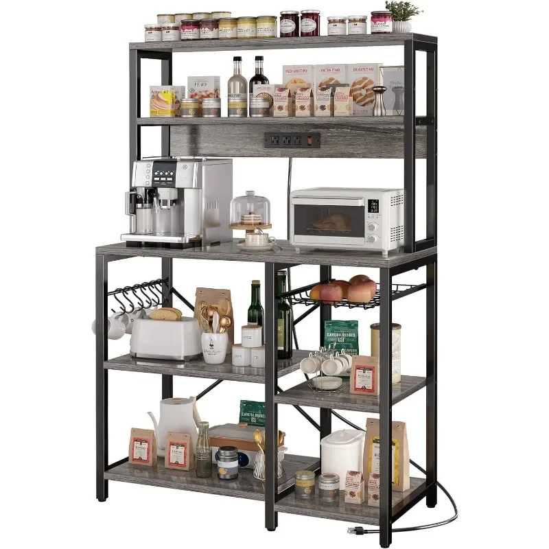 Bakers Rack with Power Outlet, 35.4 Inches Coffee Bar with Wire Basket, Kitchen Microwave Stand with 6 S-Shaped Hooks