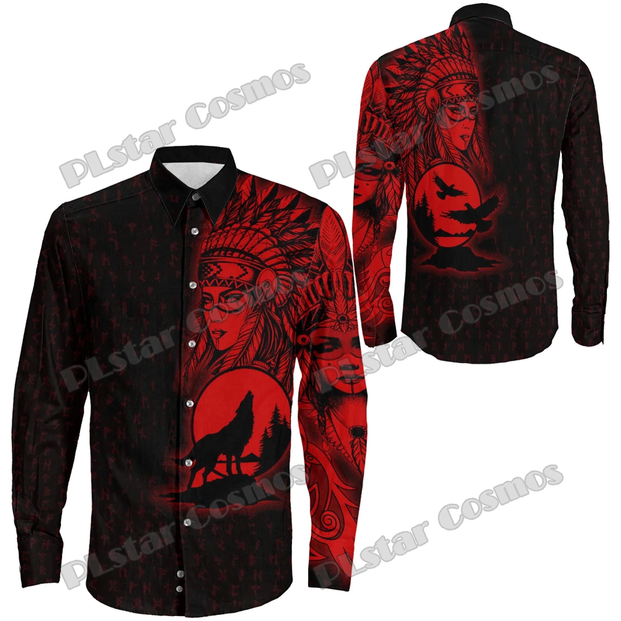 Valkyries Moon Raven Wolf Tattoo 3D Printed Fashion Men's Long Sleeve Button Shirt Spring Mens Casual Lapel Shirt CXS59