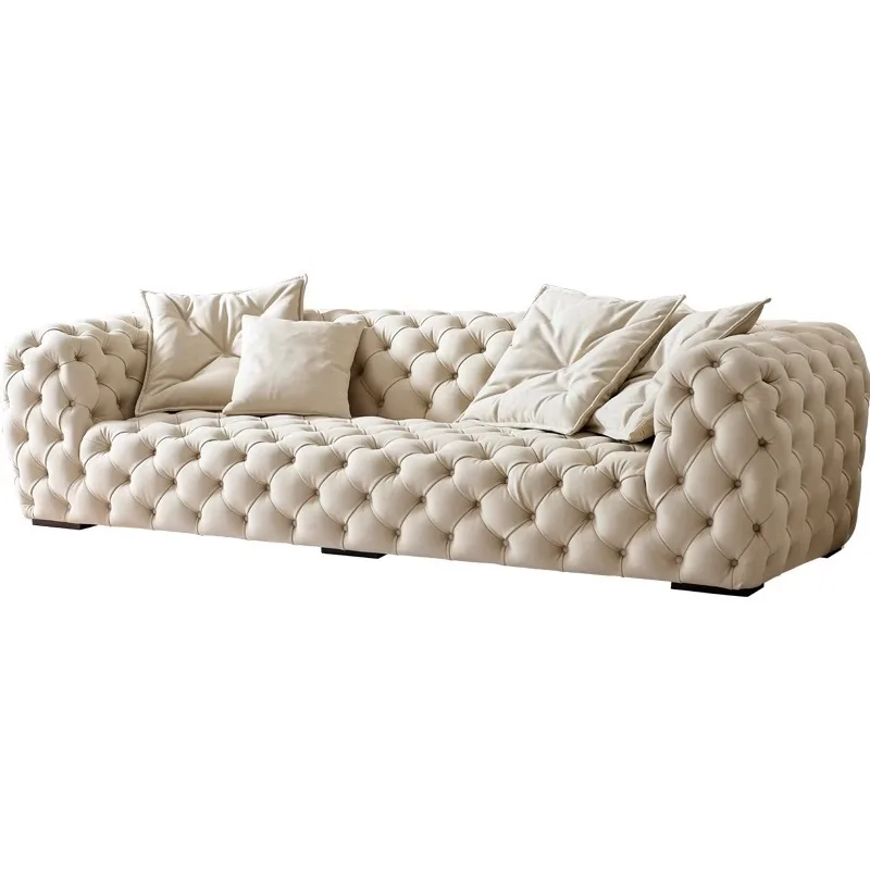 

vg-Italian Minimalist Moon Surface Cream Wabi-Sabi Style Frosted Velvet Sofa Set Internet Celebrity Home Straight Row Bed&