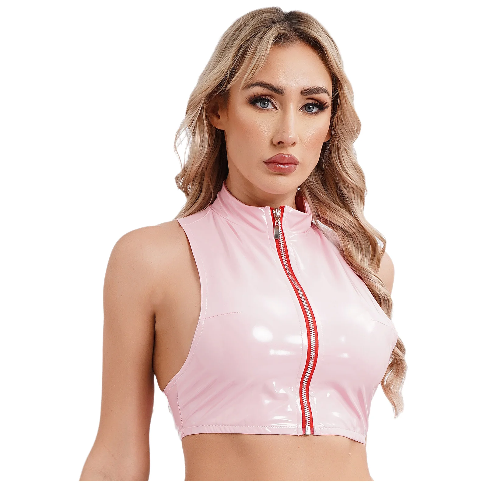 Womens Wet Look Latex Vest Crop Tops Sleeveless Front Zipper Patent Leather Tank Top Rave Party Festival Pole Dancing Clubwear