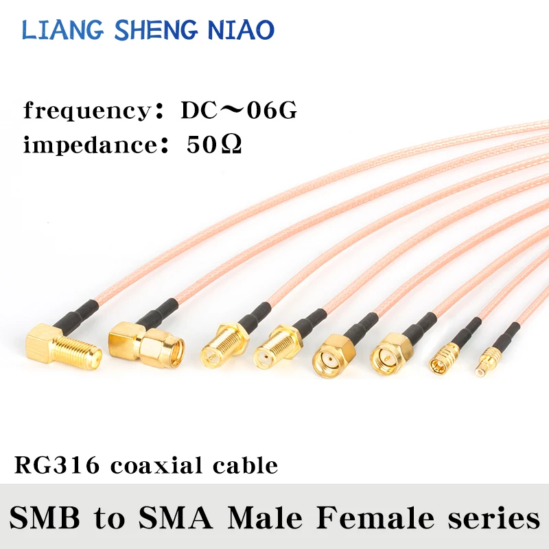 Cable coaxial RG316 SMB a SMA macho y hembra, conector Anlge derecho SMB a SMA, engarce para Cable de baja pérdida, entrega rápida, RF, 0,1-20m