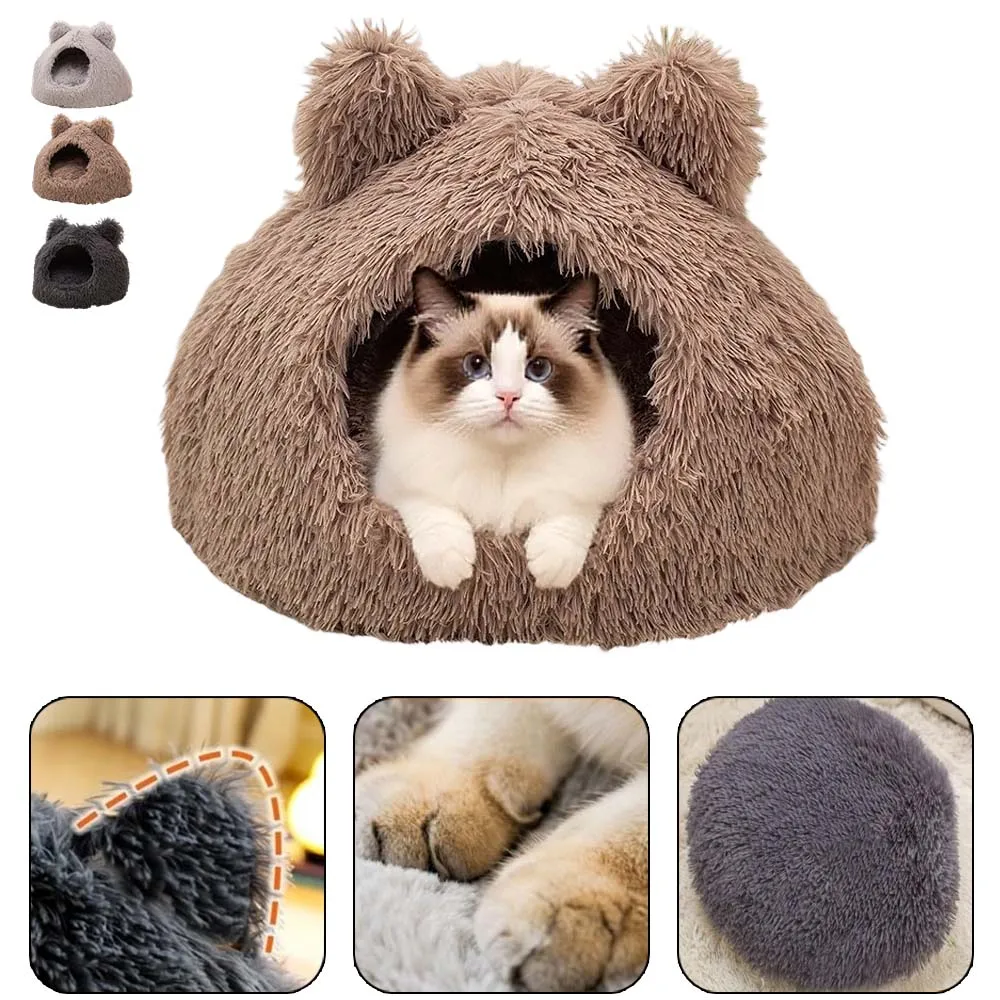 

48x48cm Semi-enclosed Round Cat Kennel Super Soft Cat Bed Long Plush House for Small Dog Kitten Cushion Winter Warm Sleeping