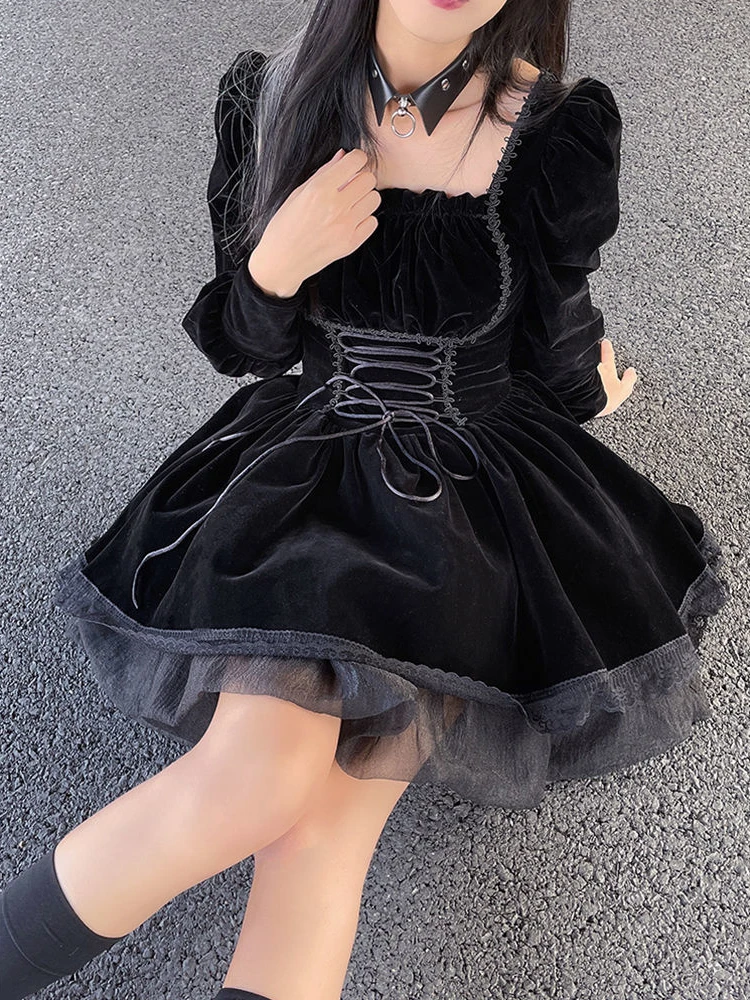 Robe en velours Lolita pour femme, col carré, manches bouffantes, streetwear, patchwork de dentelle, bandage noir, vintage, gothique, Harajuku