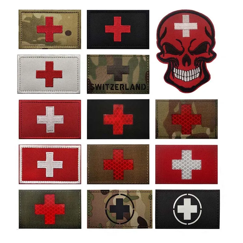 Switzerland Flag Swiss Badge Fabric Applique Embroidery Patches,IR Reflective Emblem Military Tactical Backpack Stickers