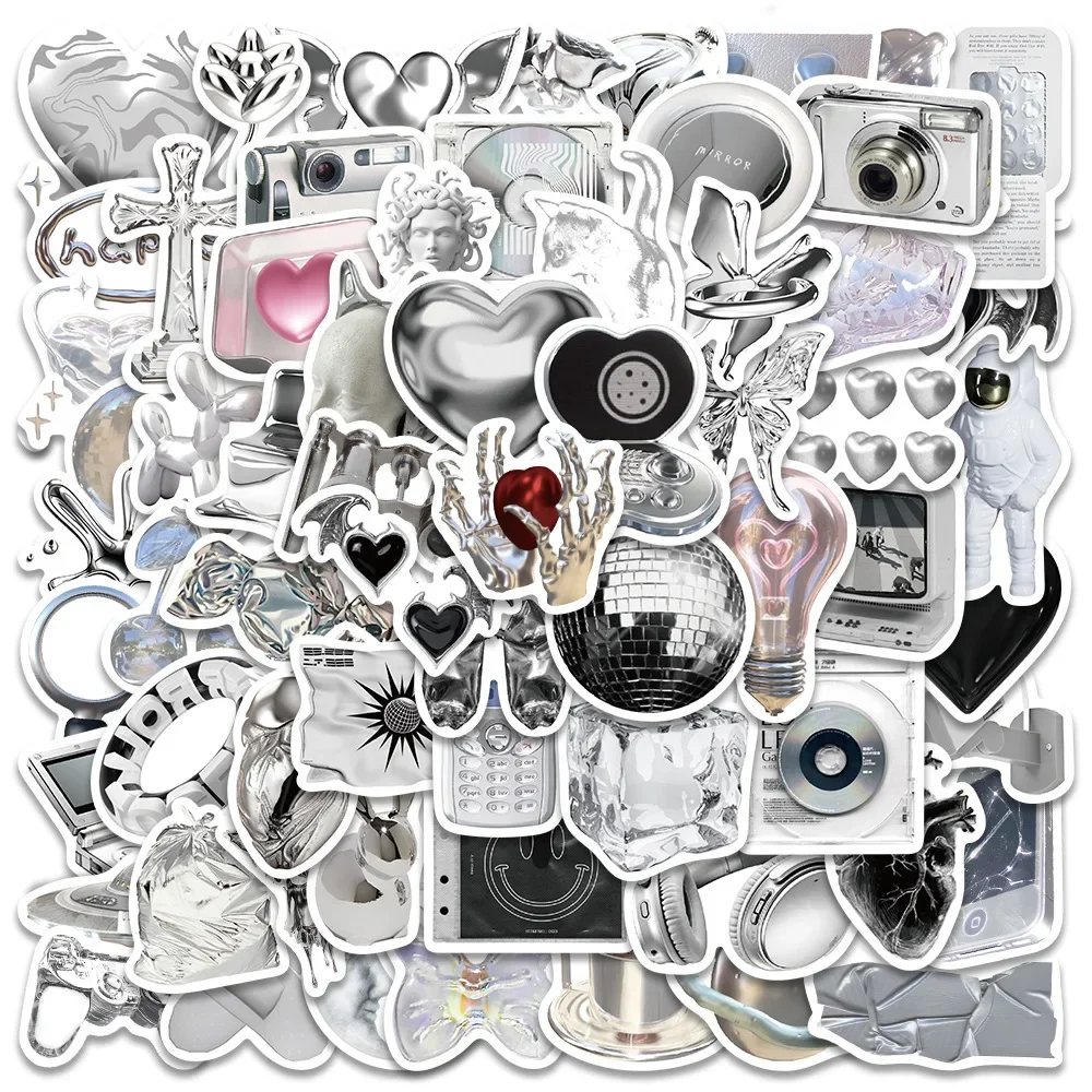 66PCS Kawaii Simple Silvery Sticky Graffiti Sticker Aesthetic  PVC Phone Ins Decorative Sketchbook Scrapbook For student