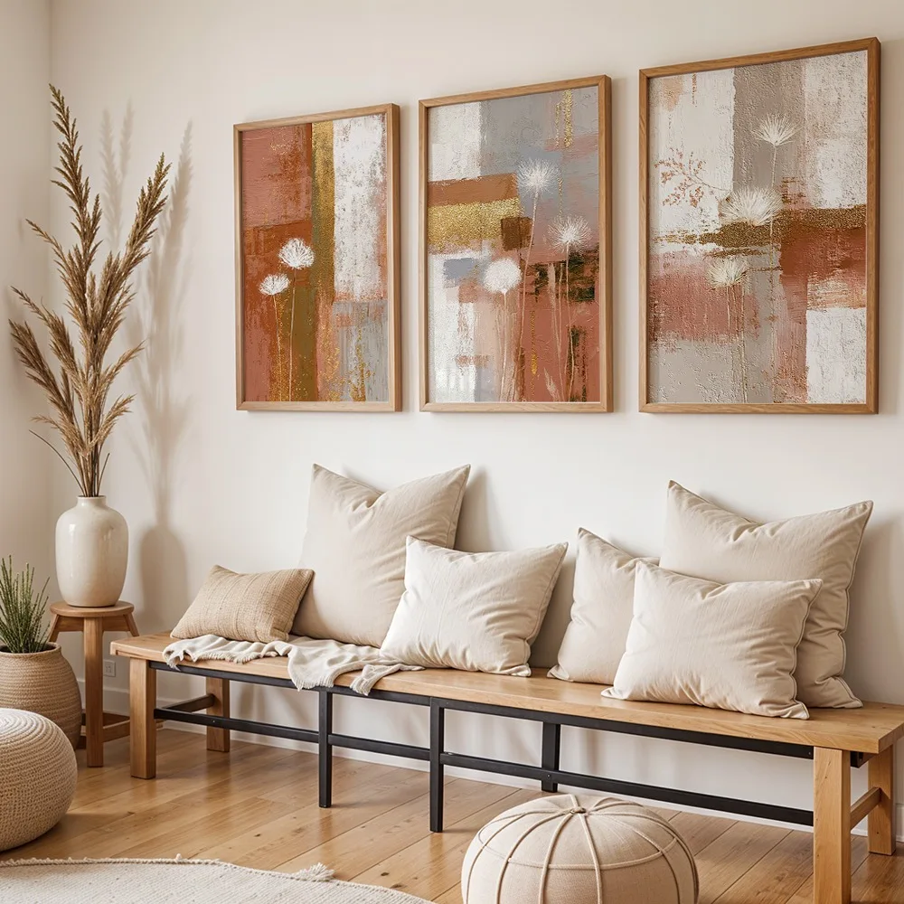 3Pcs Warm Tone Abstract Dandelion Texture Canvas Poster Wall Art,2D Print Decor,Boho Home Decoration For Living Room Bedroom