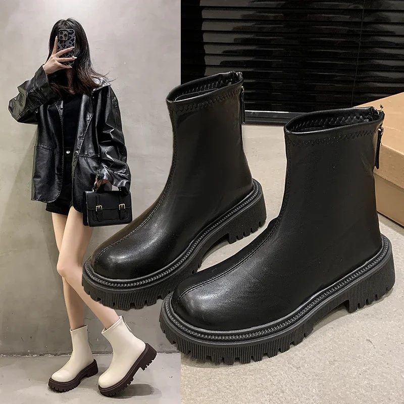 

Women's Ankle Boots Thick Sole Round Head Square Heel Anti-slip Women Boots Middle Follow Winter Leisure New Fashion Botas Mujer