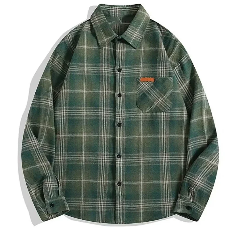 Men's Plaid Shirt Tops Couple 2024 Autumn New American Cotton Vintage Hip Hop Loose Oversize Long Sleeve Woolen Shirts Coats
