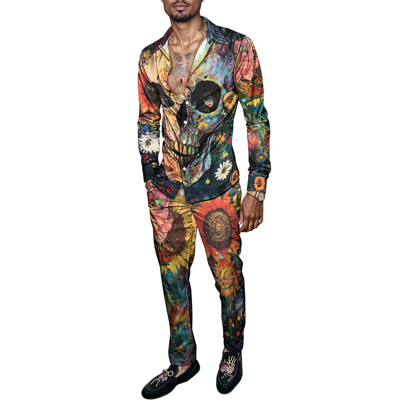 

2026 Весенне-летний мужской комплект рубашек с принтом черепа, модные цветы и растения, комплект из 2 предметов, мужской легкий вечерний комплект с принтом и длинным рукавом