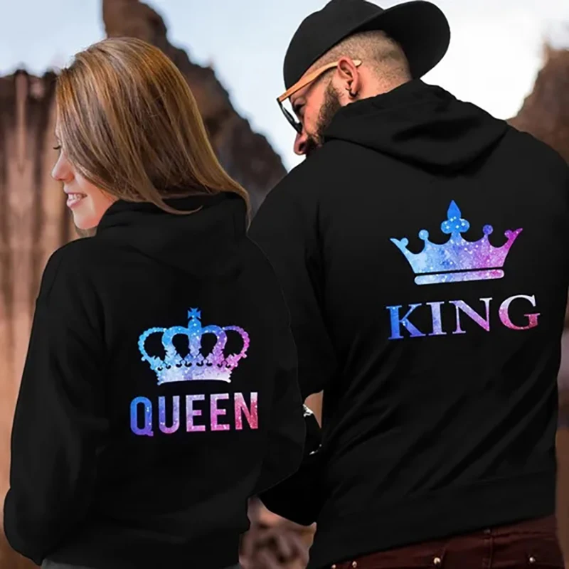 New Couples QUEEN KING Print Hooded Long Sleeve Women Men Couple Sweatshirt Pullover Hoodies