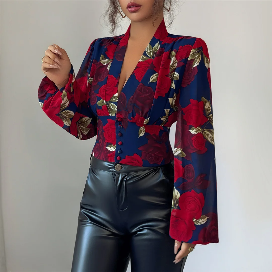 

S - XL Блузка с цветочным принтом и v-образным вырезом, женская рубашка-туника, весна-осень, женские блузки с длинными рукавами, тонкая сексуальная повседневная одежда