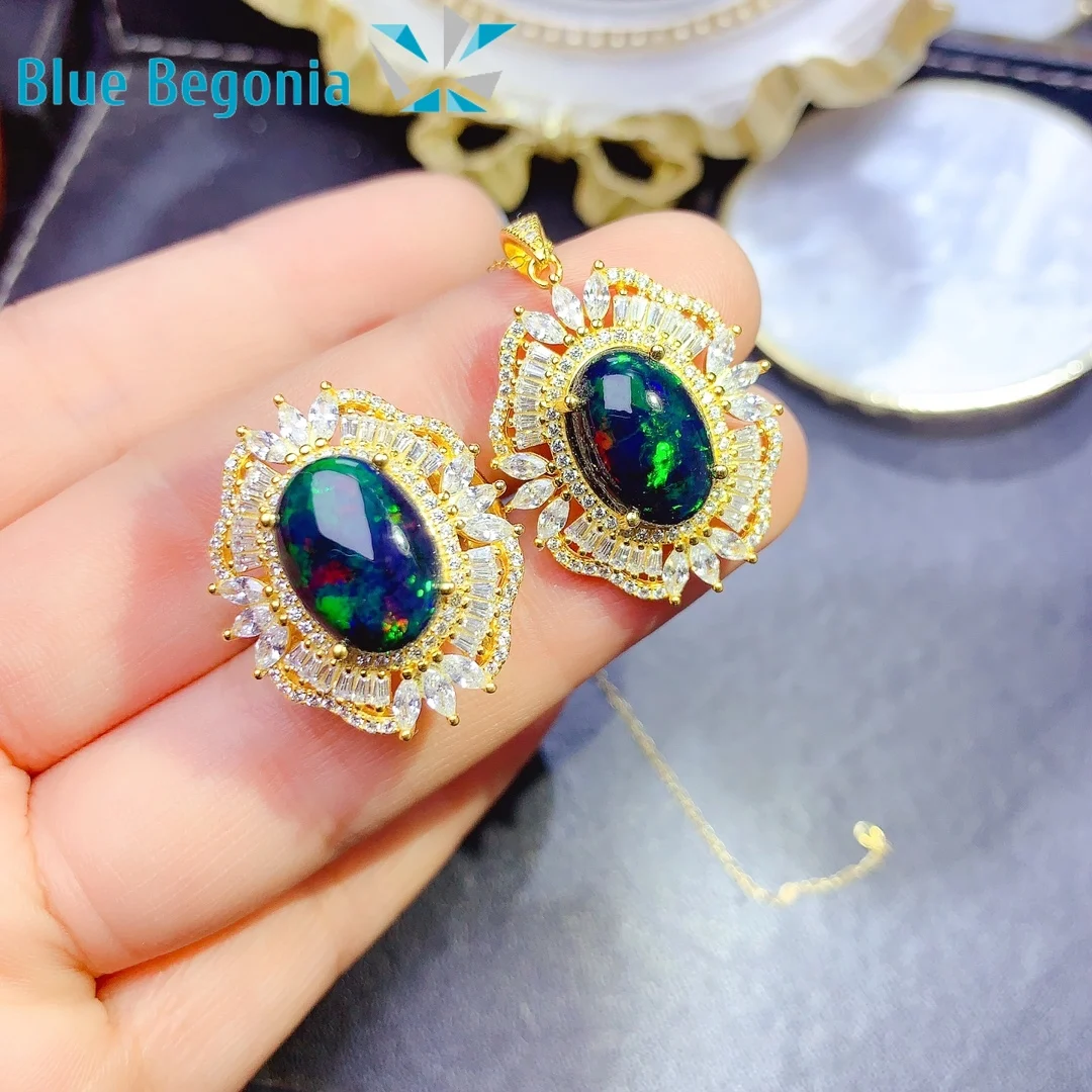 

Natural Black Opal Set 14*10mm Ring Pendant 925 Sterling Silver Gemstone Premium Jewelry for Women Engagement Classical Gift