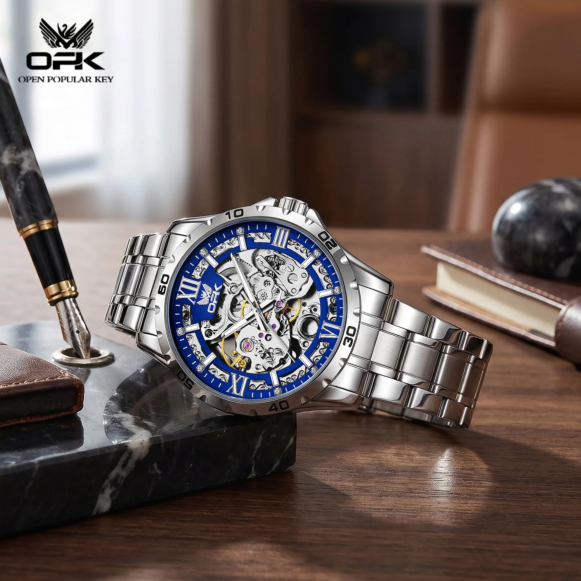 OPK 6100 Hollow Core Mechanical Movement Watch For Men Steel Strap HD Luminous Function 30M Waterproof Night Light Watch