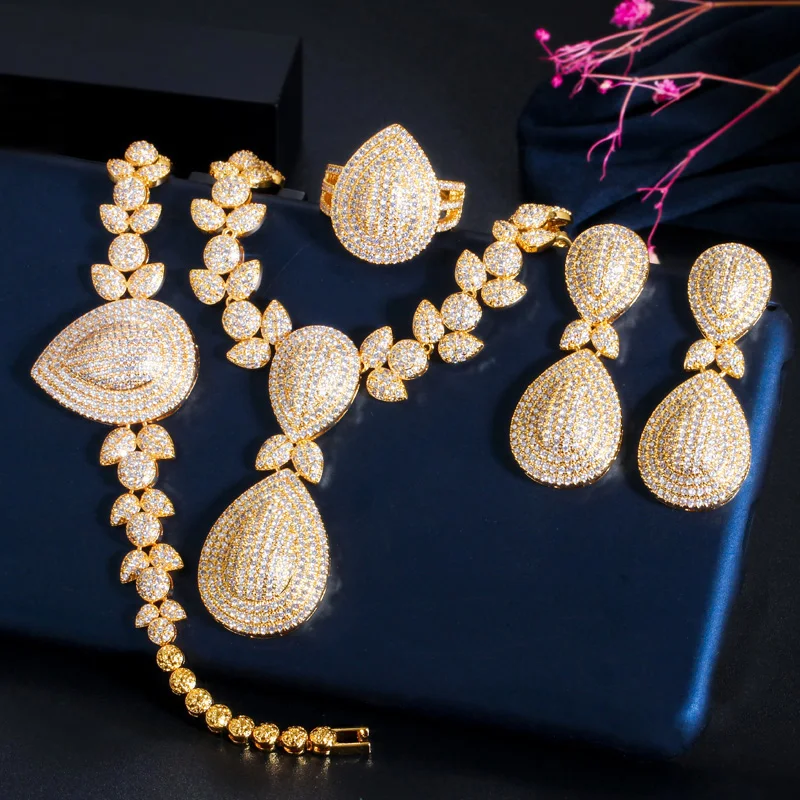 ThreeGraces 4pcs Vintage Cubic Zirconia African Dubai Gold Color Luxury Bridal Wedding Banquet Jewelry Set for Women T0939