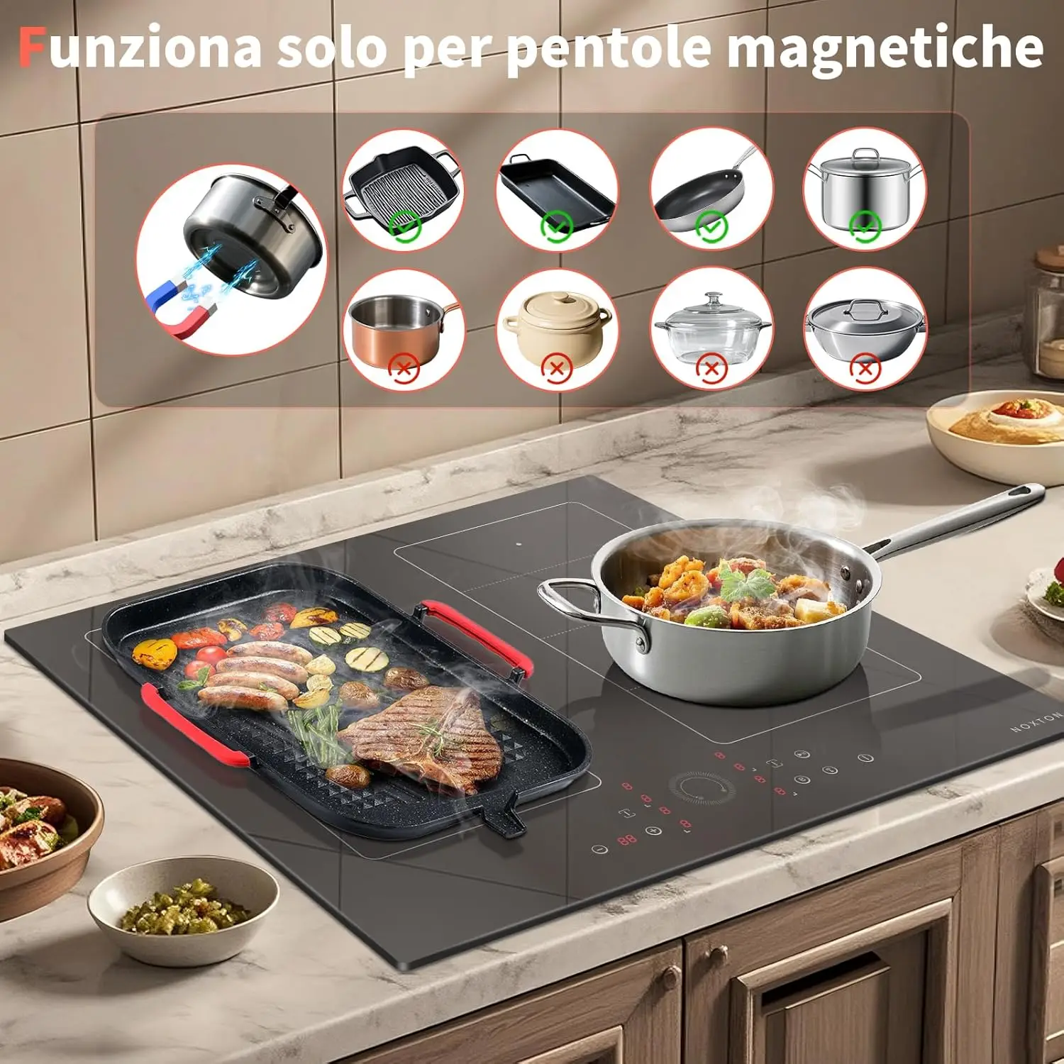 موقد حثي NOXTON 4 مناطق مع منطقتين مشتركين، 60 سم مدمج مع معزز، مؤقت، قفل أمان، توقف، 230 فولت، 7200 وات، بدون قابس #5