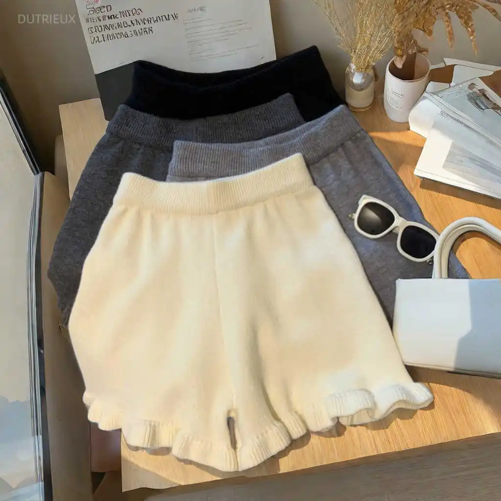 Sweet Fungus Knit Wide Leg Pants Women Autumn Qinter Fashion Elegant A-line Shorts Elastic Waist All-match Pantalones Mujer